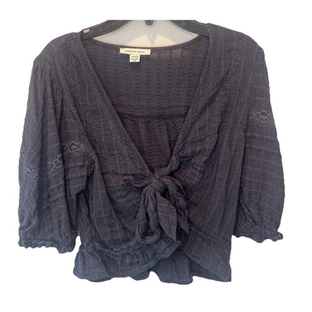 American Eagle Womens Gray Puff Sleeve Tie Front Top M Boho Peasant Festival